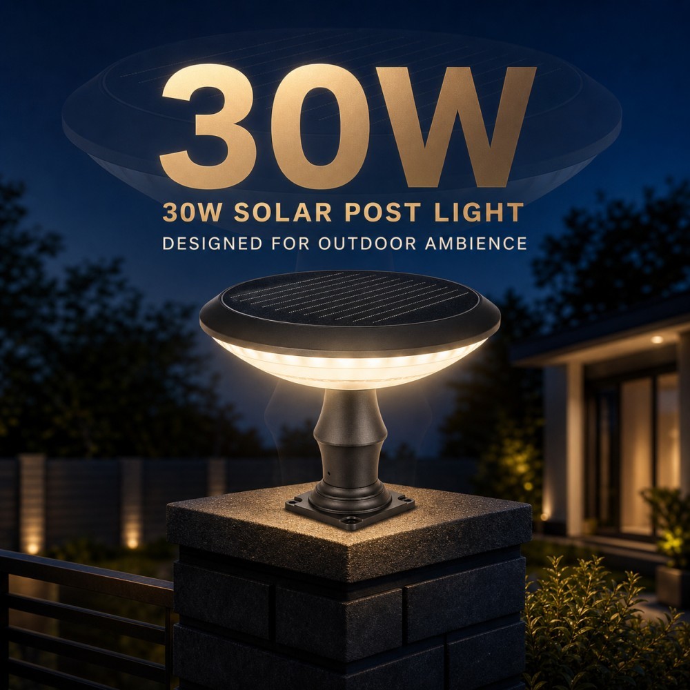 30W 1800LM Round Shape OSRAM 2835 LED Solar Post Cap Light IP65 Waterproof Die Cast Aluminum 3 To 5 Rainy Days For Courtyard Villa Pillar