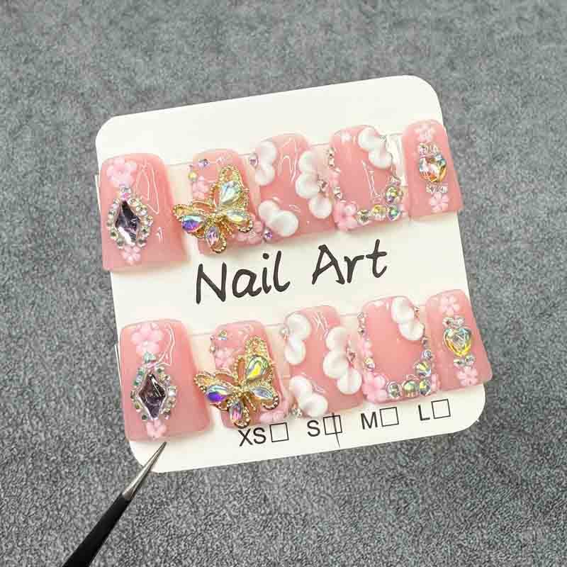 Handmade Press On Nails Medium Duck Pink 3D Flower Wholesale Nail Tips