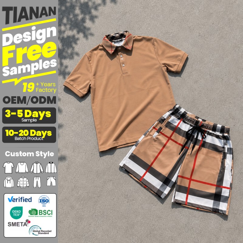 Tianan Clothing Manufacturer Custom Brand Men s Sets Summer Casual Plaid Shorts High Quality Outdoor Polo Shirts and Shorts Sets