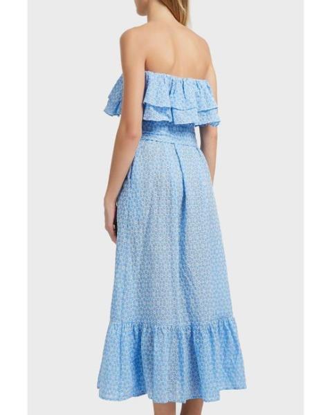 Algodão azul das mulheres fora das mulheres florais do vestido do plissado do bordado do ombro