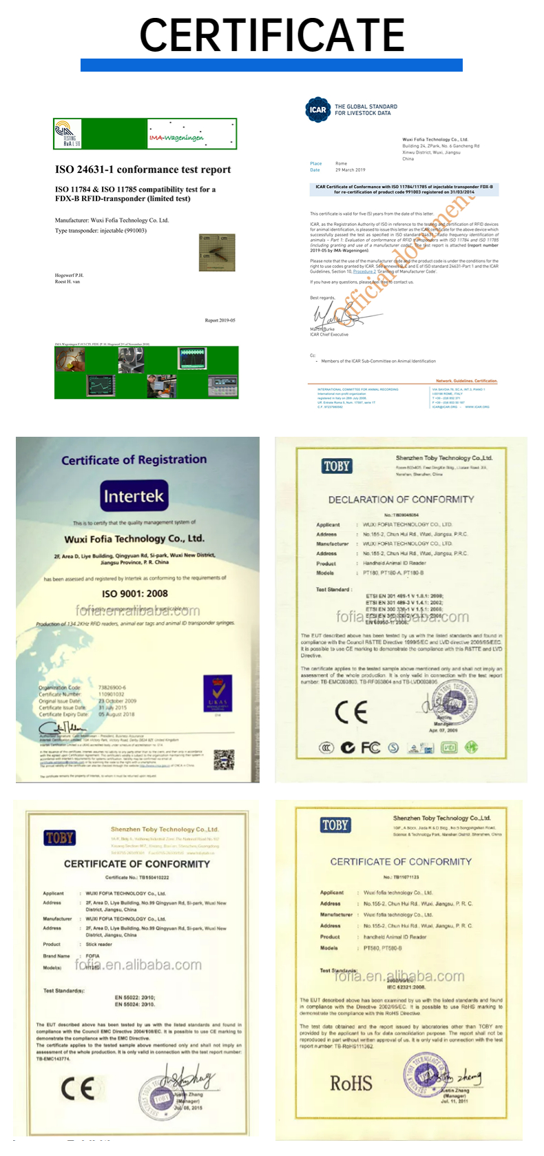 ICAR Certificated FOFIA RFID 134.2kHz Animal Microchip FDX/EM4305 Chip IP67 Waterproof for Pet Injection Plastic