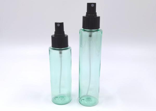 Empty Gloss Green Printing PET Plastic Bottle 15ml Cylindrical With Black Sprayer