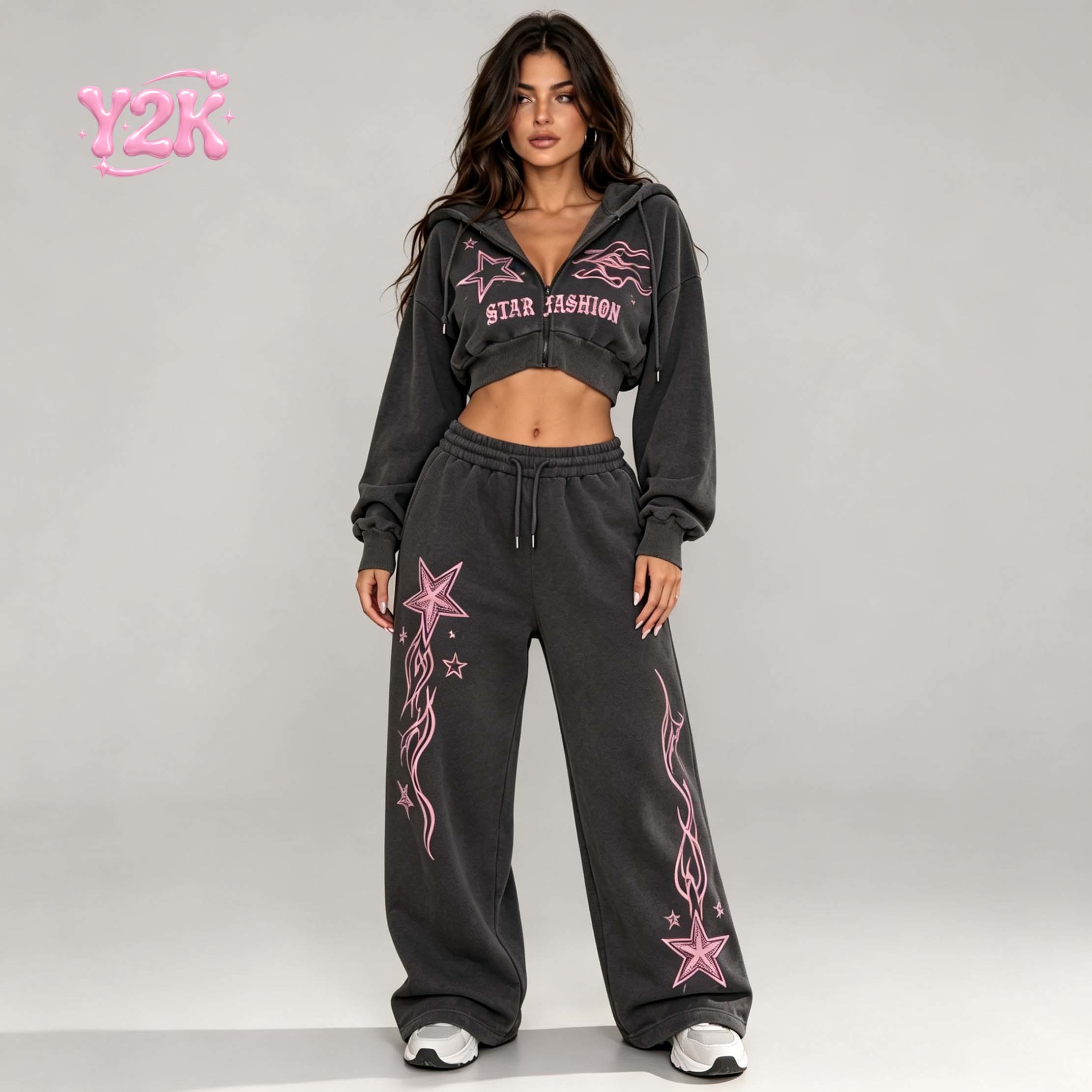 Custom Women Graphic Crop Hoodie Wide Leg Sweatpants Two Piece Set