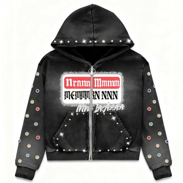 Manufacturer Custom Men's Vintage Acid Wash Heavyweight Hoodie Gemstone Rhinestone Zip up Printed Distressed French Terry Hoodie