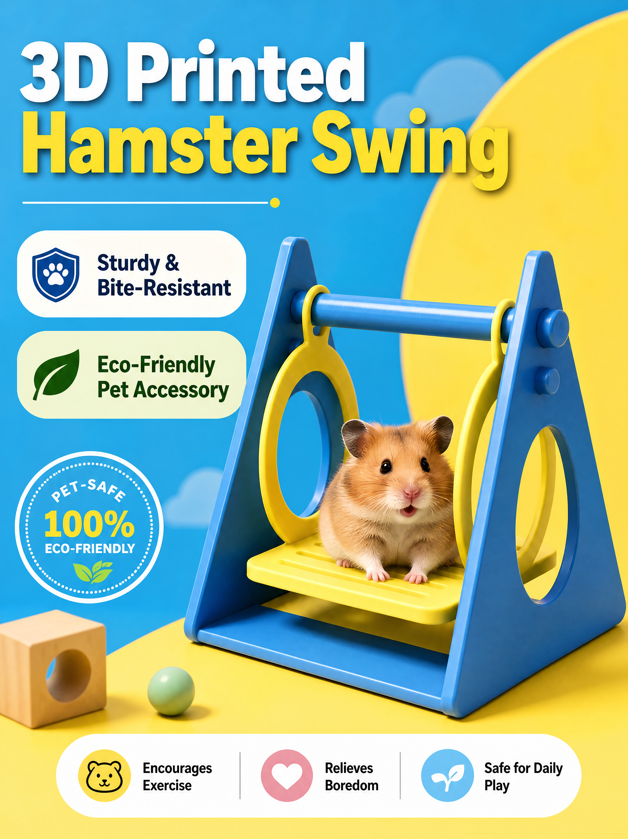 Colorful Blue-Yellow Hamster Hanging Swing Toy, 3D printed Pet Accessories Interactive Play Toy for Small Pets