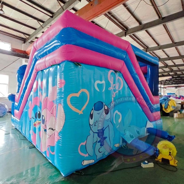 Blue Cartoon Inflatable Bounce House with Slide and Safety Mesh for Kids Events