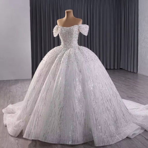 Shiny Off-the-shoulder Beaded Puffy Empire Ball Gown Court Train White Sequins Wedding Dresses