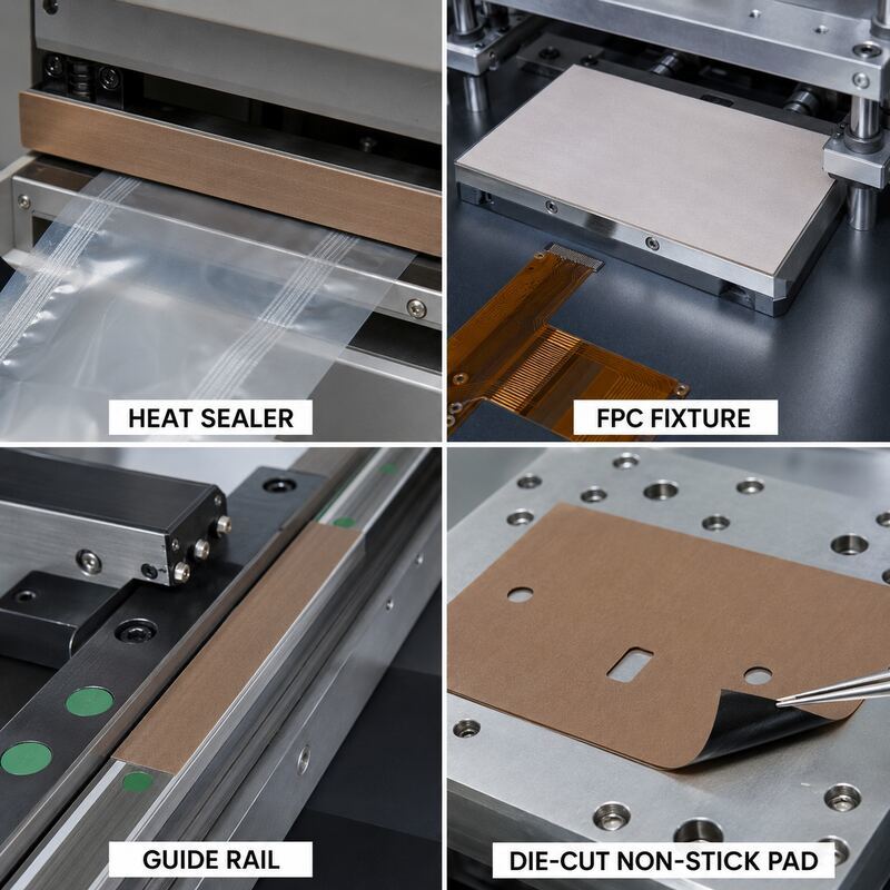 PTFE Tape with Black Release Liner / Liner-Backed PTFE Tape / PTFE Heat Sealer Tape with Silicone Adhesive for Die Cutting, Packaging Machinery, Sealing Plates and Guide Rails