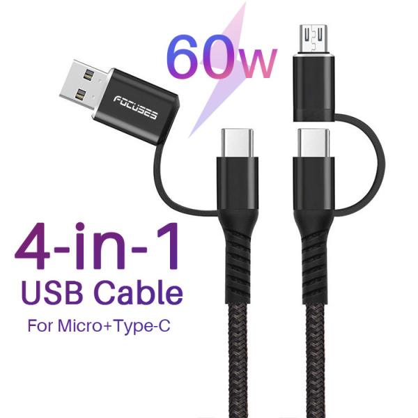 3A 60W Multifunctional USB Cable Nylon Braided 4 In 1 USB Charging Cable