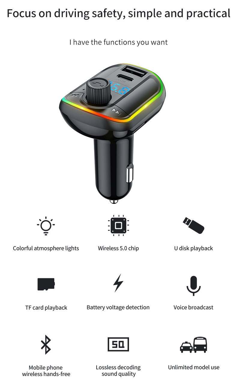 Набор вспомогательное 87.5-108MHz автомобиля Bluetooth 5,0 mp3 плеера автомобиля PD 18W ABS
