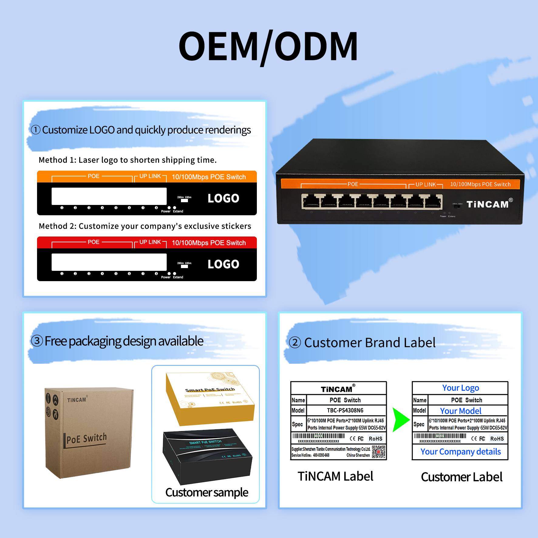 8 Port Fast Ethernet PoE Switch 6 PoE Ports 2 Uplink Ports 10/100Mbps Unmanaged IEEE 802.3af/at 250m Extend Metal Case 65W TBC-PS4308N