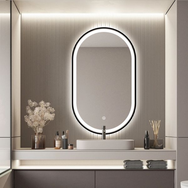 LED Illuminated Arch Bathroom Mirror Copper Free Silver Mirror With Defogger