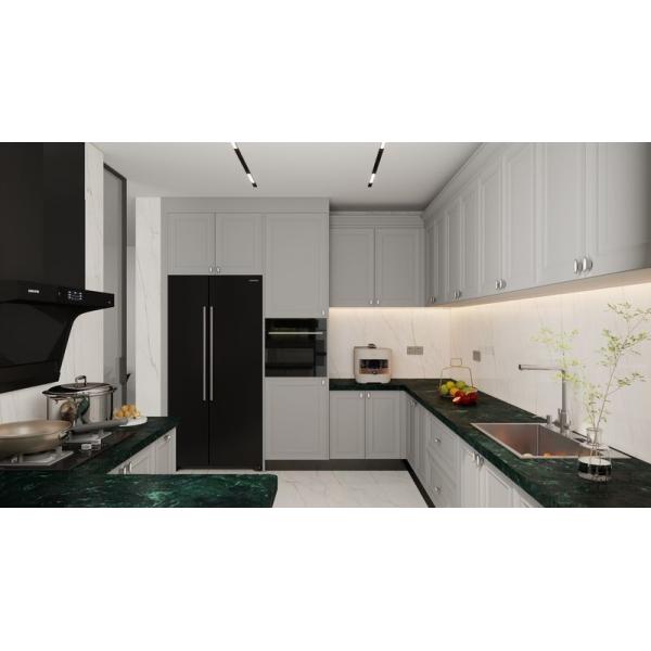 Timeless Stainless Steel Kitchen Cabinet With Dark Green Quartz Countertop And Raised Panel Doors
