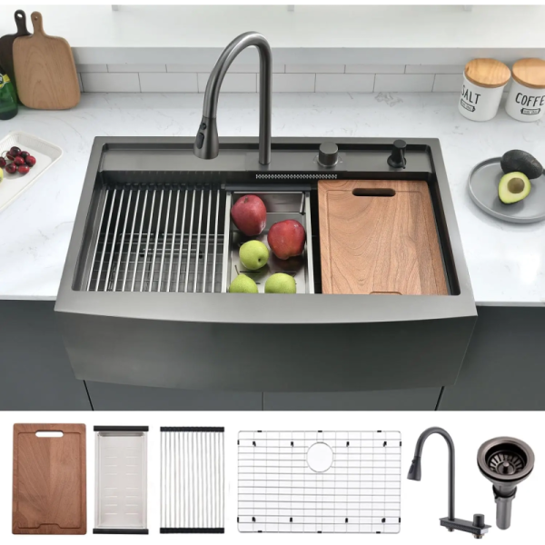 New Arrival Farmhouse Kitchen Sink Ledge WorkstationDeep Single Bowl Stainless Steel Under Counter KitchenSink with Waterfall Faucet