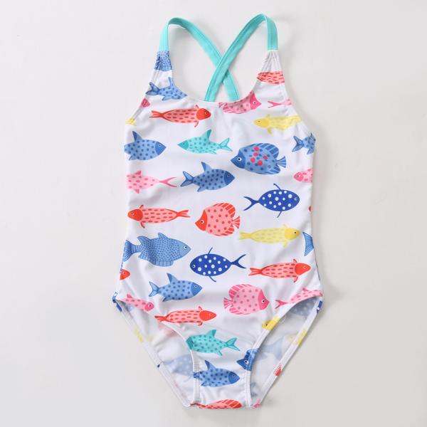 Girl's little fish print Criss Cross Seam for one piece swimwear