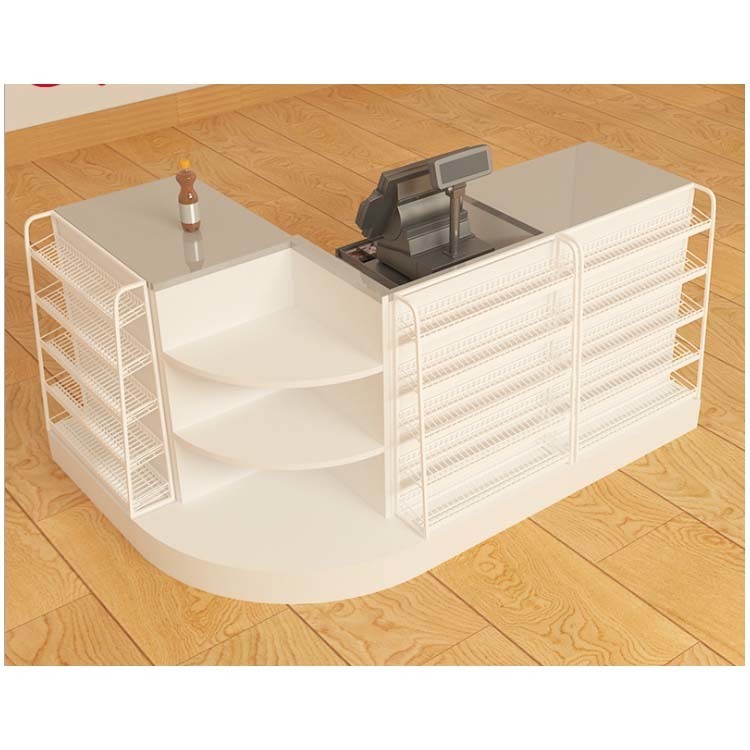 Retail Shops Metal Cashier Counter Table with Wire Promotion Rack and Suggested Picture