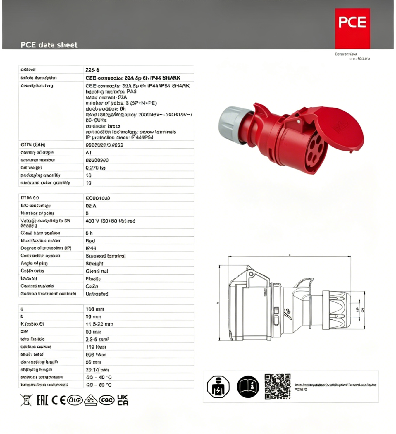 Original Brand New Original Austrian Imported PCE Industrial Connector Plug and Socket 380V-32A-5 Pin-IP44-Typ225
