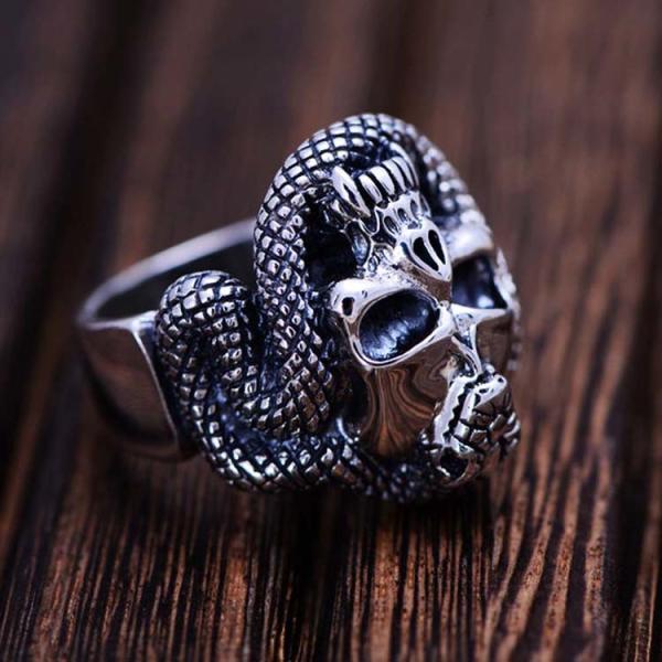 Mens Retro Vintage Sterling Silver Ring Engraved Skull and Snake Design(024572)