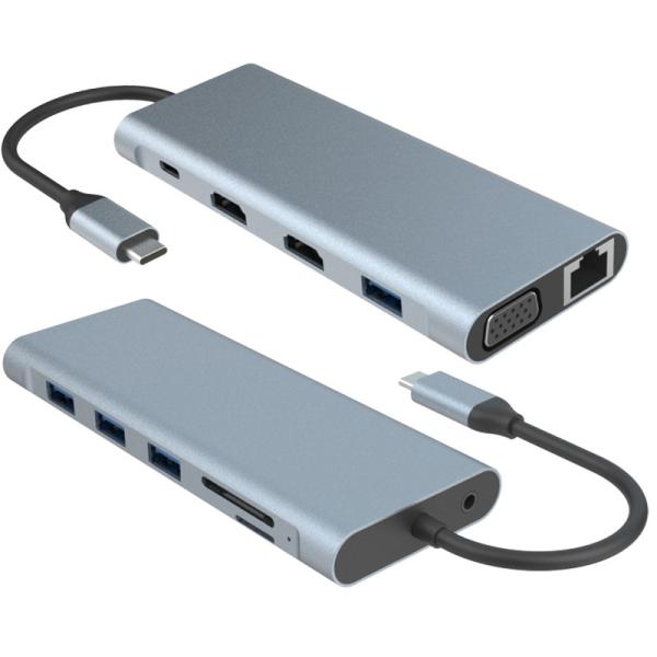 USB 3.1 Interface Type C To 9 Ports USB A 3.0 Adapter With RJ45 Gigabit Ethernet Network Card Gray