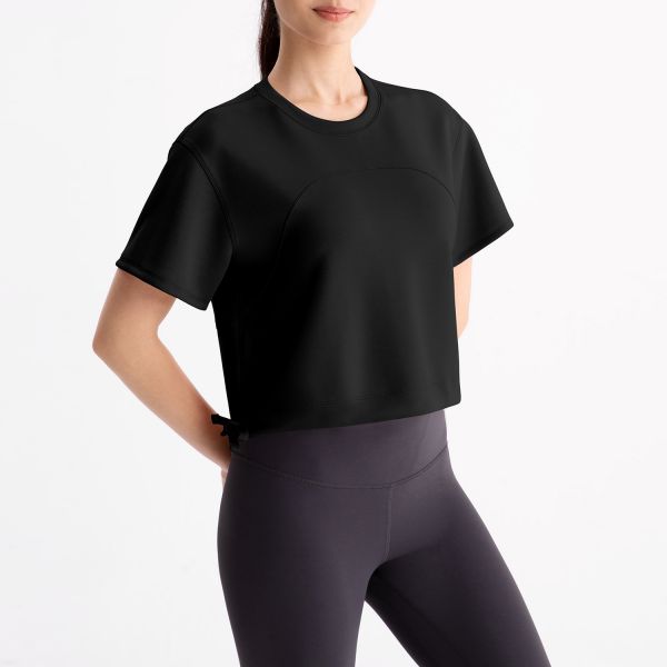 Women'S Yoga Crop Top Athletic Shirts Dark Gray Short Sleeved With Drawstring Hem