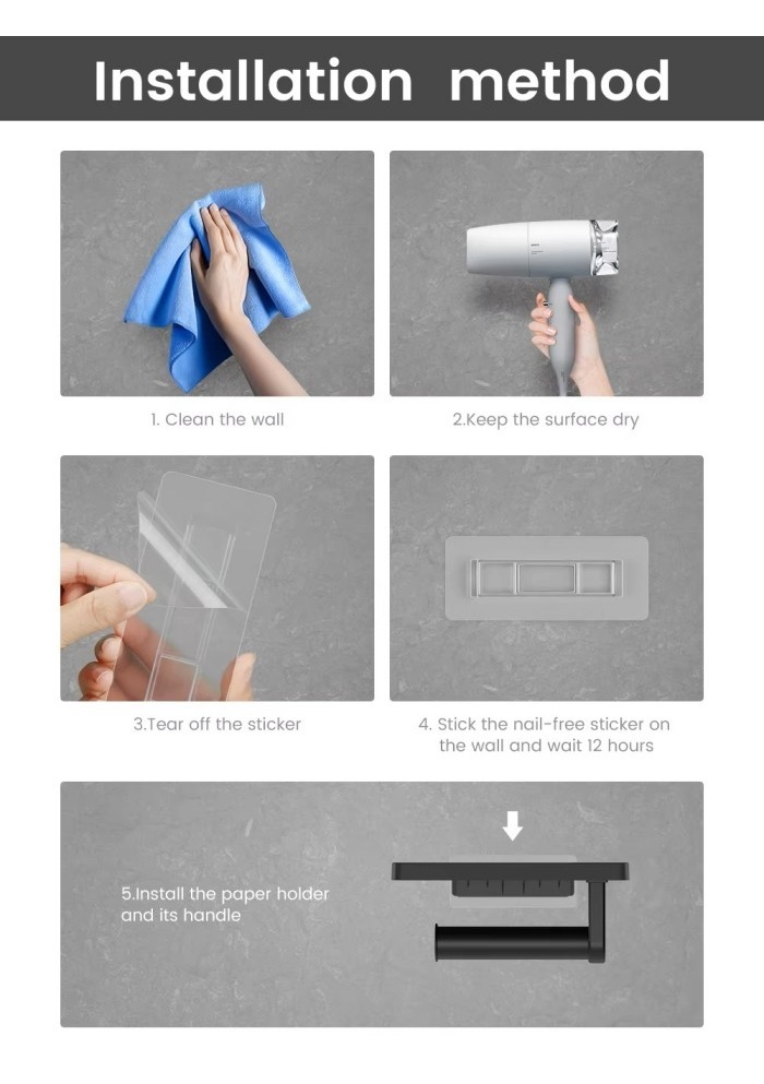 Self Adhesive Wall Mounted Toilet Tissue Holder Drop Proof Design Space Saving Shelf