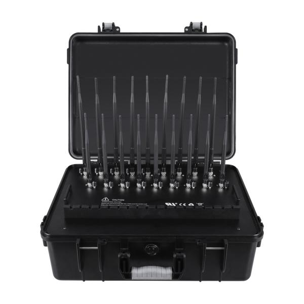 New powerful briefcase 18 Antenna Jammer blocks 2G, 3G, 4G, 5G, GPSL1, GPSL2-L5, GPSL3-L4, WIFI, 315,433,868, Lojack signals with 158W output power and a coverage range up to 120m