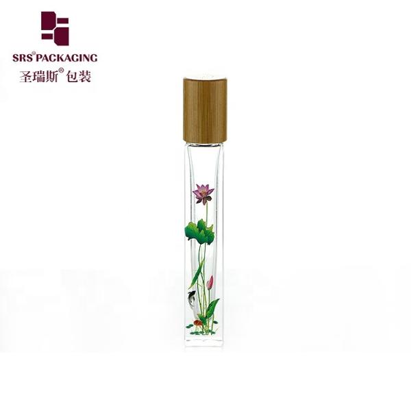 10ml High End Empty Square Glass Roll On Bottle with Bamboo Wooden Cap and 3D Printing Logo Service for Perfume Oil Serum