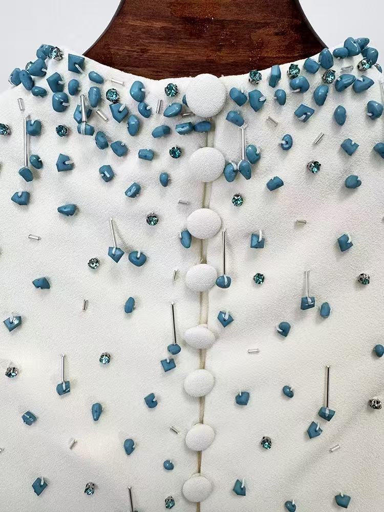 Elegant Women's Beaded Crop Top & Midi Skirt Set with Hand-Applied Bead Decoration and High-Waisted Design