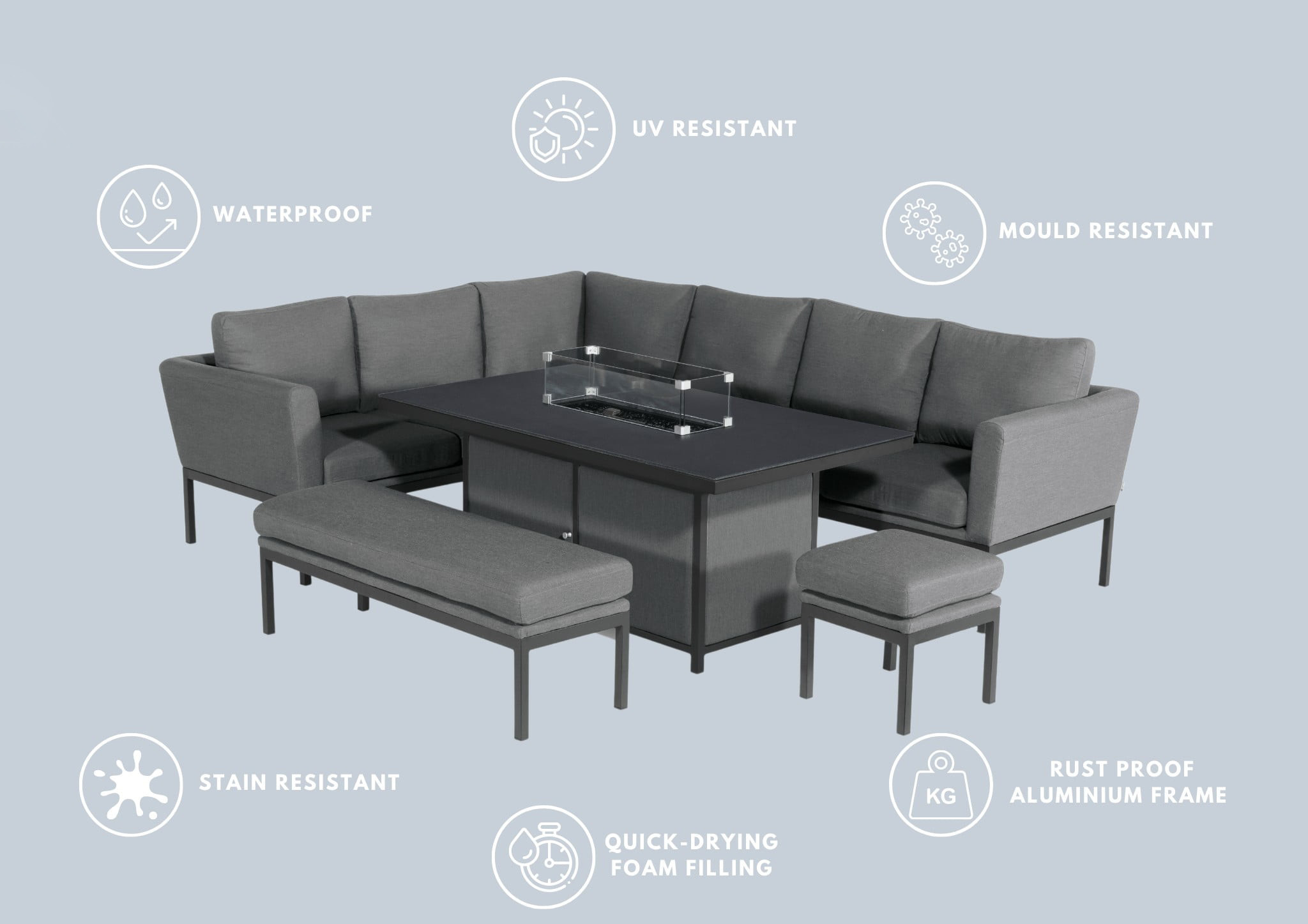 Mail packing Y AJUNION Luxury Outdoor Fabric Patio Furniture Dining Set with Firepit Table