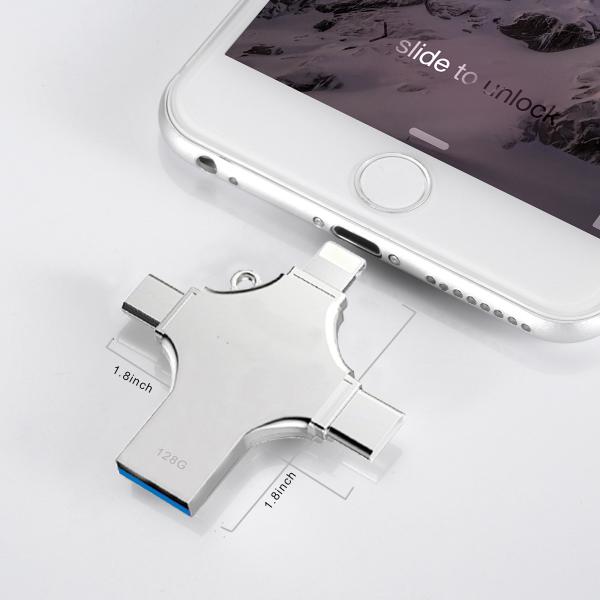 5- Custom 4 in 1 OTG Silver USB Flash Drive 128MB-4GB USB 3.0 Memory Stick for Android Phone Multifunctional Metal