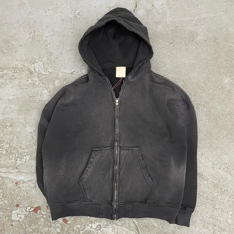 Gym Brown Acid Wash Fleece Zip Hoodie Streetwear Cotton Hoodie Blank Zip Up Vintage Acid Wash Sun Faded Distressed