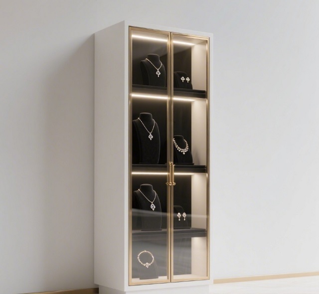 Rounded Corner Island Jewelry Display Counter | Cream Body Rose Gold Trim | Glass Showcase LED Lights | Durable Luxury Malls