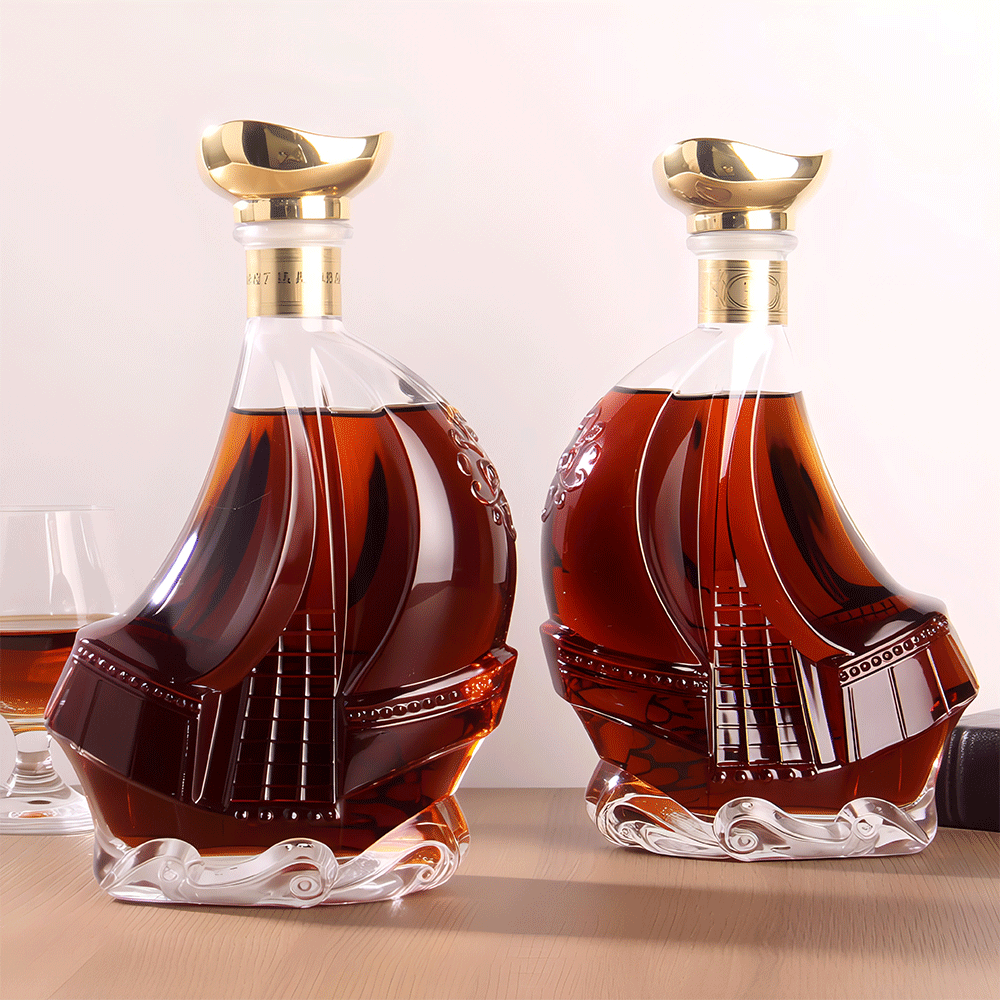 Custom Boat Shaped Glass Liquor Bottle With Super Flint Transparency Cork Stopper For Whiskey Vodka Rum