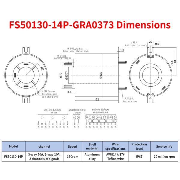 Waterproof Signal Slip Ring with 50mm Inner Diameter 130mm Outer Diameter and 14 Channels for Industrial Applications