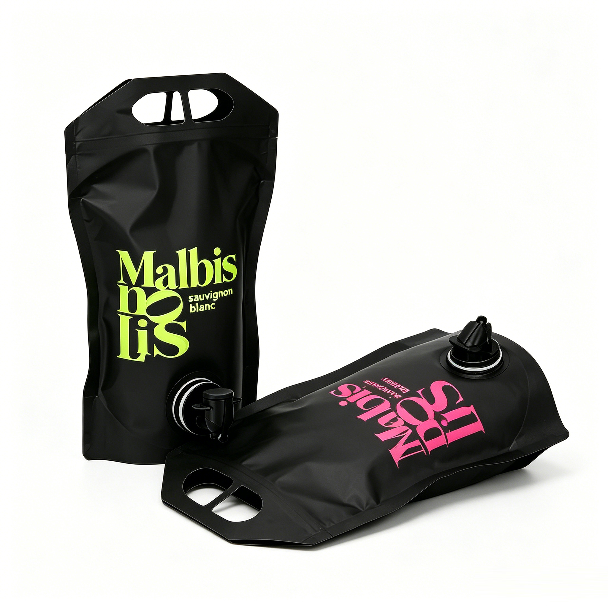 Custom Matte Black Stand Up Wine Spout Pouch With Dual Carry Cutouts | Custom Shape Printed High Barrier Dispenser Bag For White Wine, Fruit Wine & Beverage Concentrate