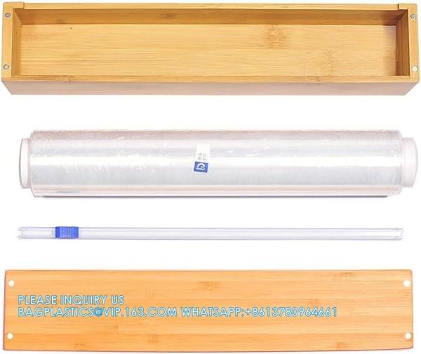 Plastic Wrap Dispenser, Bamboo Wood Cling Food Wrap Dispenser, With Slide Cutter & A Roll Of 11.5 X300 Ft BPA Free