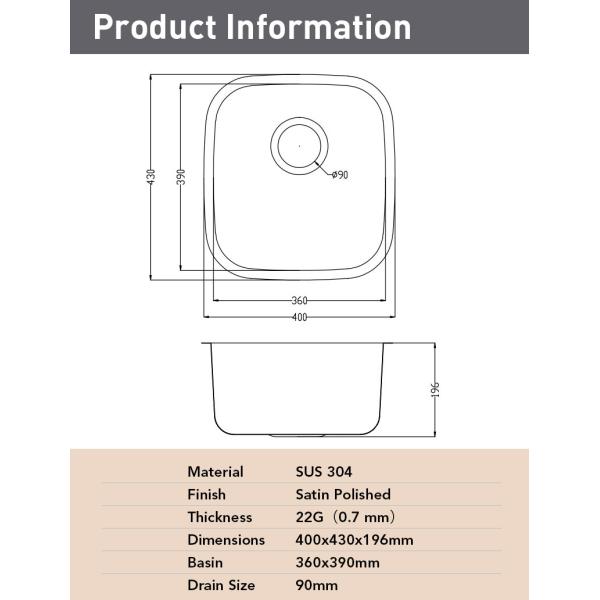 22 Gauge SUS304 Stainless Steel Kitchen Sink Single Bowl With Strainer Sewer Pipe