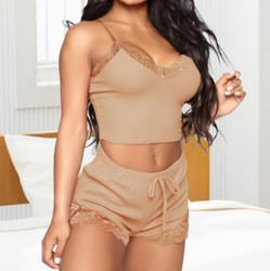 2 Piece Ladies Comfortable Sling Solid Sexy Lace Sleepwear Suit Seductive Pajama Sets