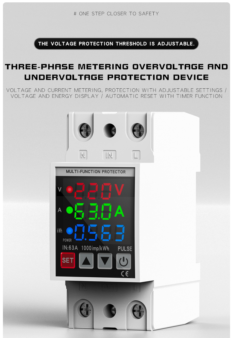 Rail-mounted digital display rocker switch self-reset over/under voltage protector 40A 63A for home use, delay 220V