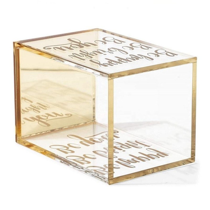 Customized Plastic Transparent square Pen Holder with Gold Mirrored Base and Gold logo Suitable for Home Office Use