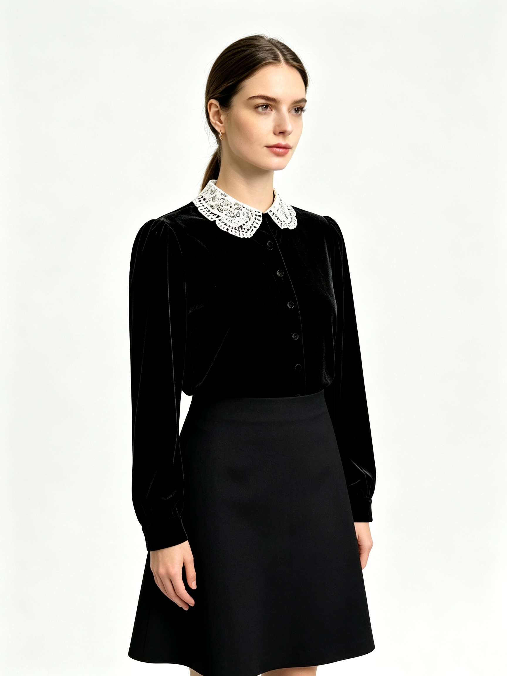 Elegant black velvet blouse with cream lace collar, long puff sleeves