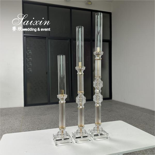 Factory Wholesale 3 Pcs Tall Set Crystal With Gold Metal Candlestick For Wedding Able Decor
