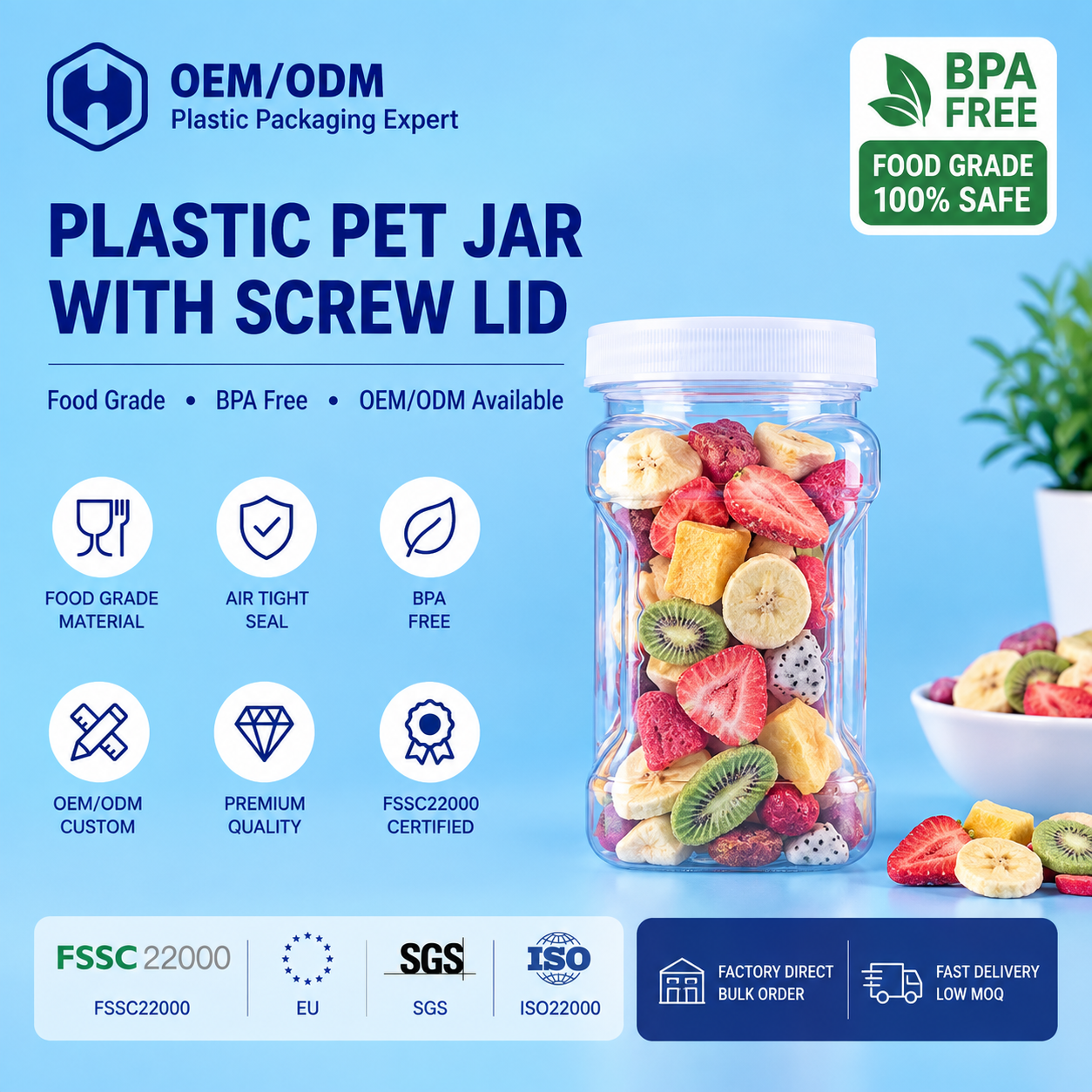 PET Jar For Freeze Dried Fruit Candy And Lightweight Snack Retail Packaging