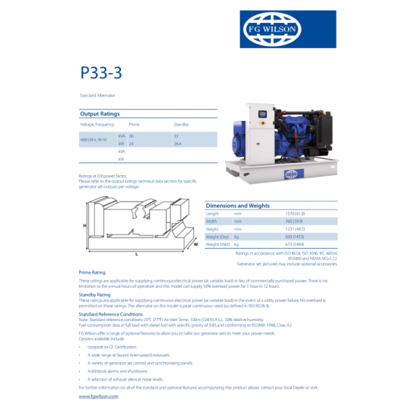 FG Wilson Diesel Generator Set 24kw 30kVA Three Phase 400V 50Hz Silent Generator with Water Cooling System