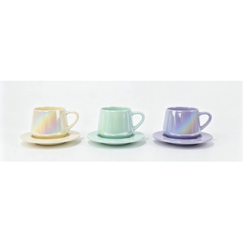 3 Styles Pastel Ceramic Cup & Saucer Sets, Solid Matte / Pearl Iridescent Gloss / Deep Matte Contrast Color Latte Mugs, Tapered Small Belly Coffee Tea Cup Combo for Gift & Kitchen Decor