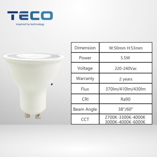 Teco GU10 LED Bulb 3CCT 2700K-3300K-4000K No Flicker 60 Degree Dimmable Wattage 5.5W CRI 90