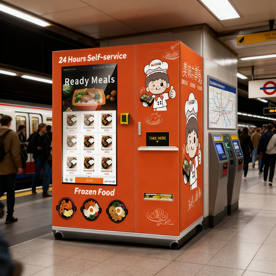 24-hour single microwave frozen hot food vending machine, equipped with a 49 inch large screen and Sdk function