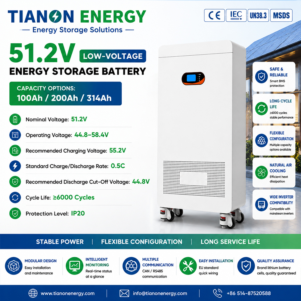 51.2V 200Ah 10.24kWh LiFePO4 Lithium Battery Energy Storage System Low Voltage