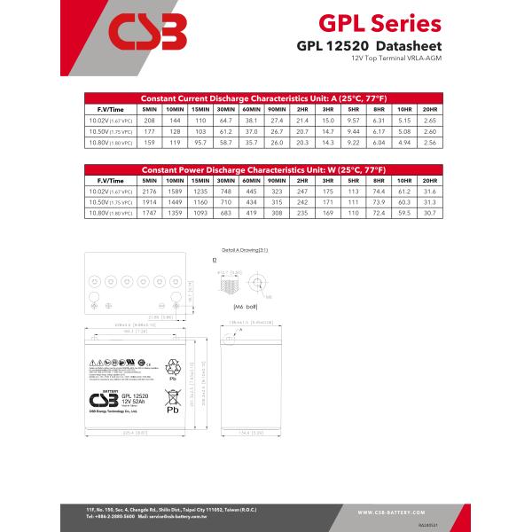 Batería CSB GPL12520 12V 52Ah Batería de plomo y ácido sellada Batería recargable de larga duración para UPS