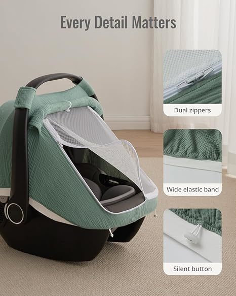 Funda para asiento de coche de bebé de muselina de algodón verde romano con ventana de malla